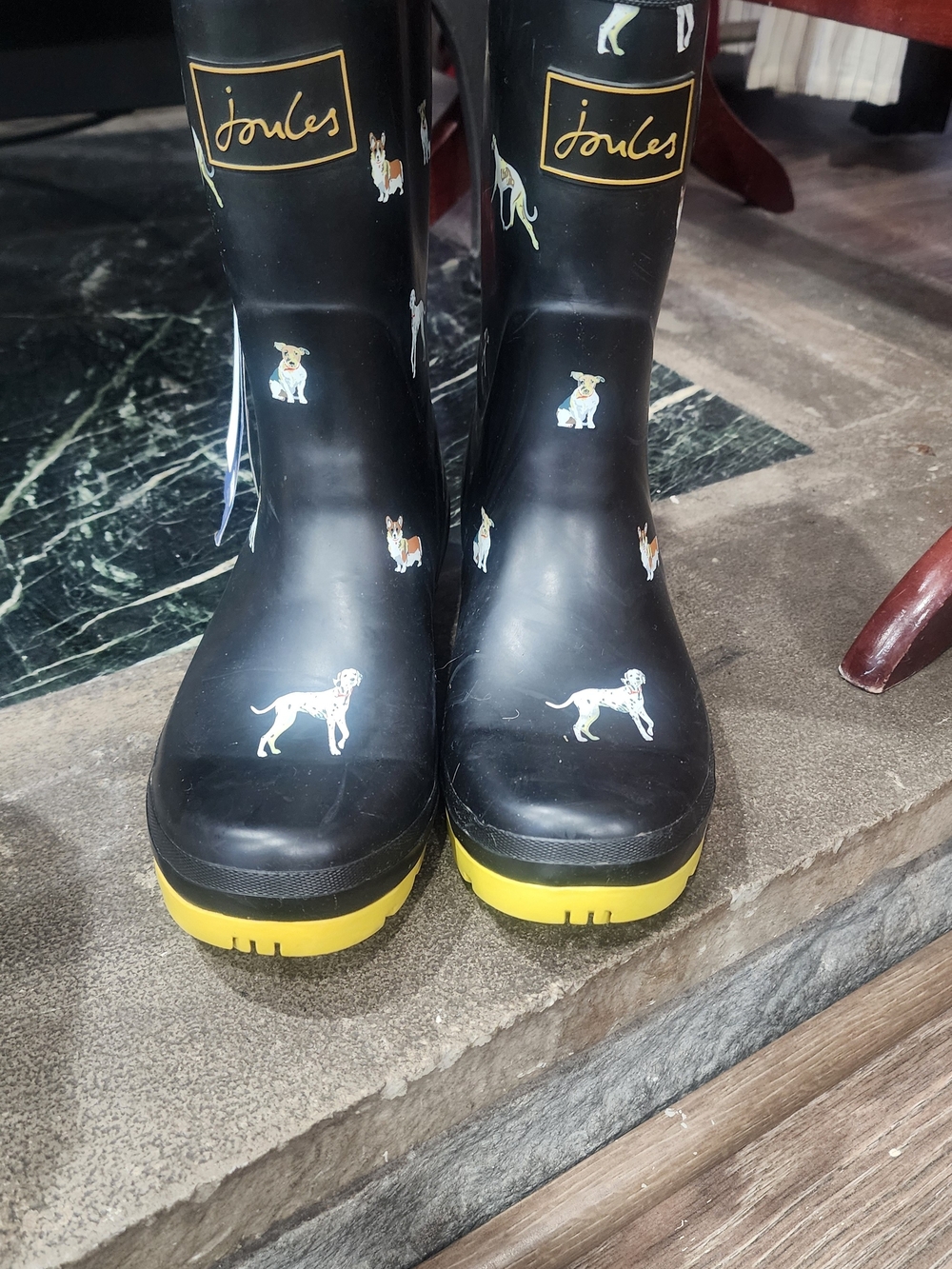 Joules Black Rain Boots with Yellow Soles and Dog Motif